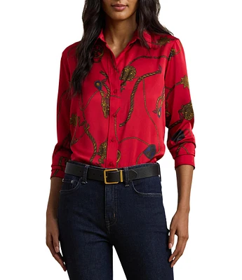 Lauren Ralph Lauren Satin Charmeuse Belting-Print Point Collar Long Sleeve Button Front Shirt