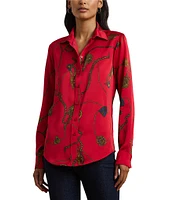 Lauren Ralph Lauren Satin Charmeuse Belting-Print Point Collar Long Sleeve Button Front Shirt