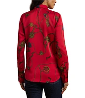 Lauren Ralph Lauren Satin Charmeuse Belting-Print Point Collar Long Sleeve Button Front Shirt