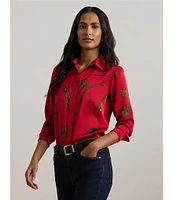 Lauren Ralph Lauren Satin Charmeuse Belting-Print Point Collar Long Sleeve Button Front Shirt