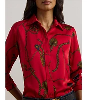 Lauren Ralph Lauren Satin Charmeuse Belting-Print Point Collar Long Sleeve Button Front Shirt