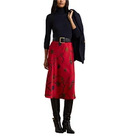 Lauren Ralph Lauren Satin Charmeuse Belting Print Pull-On A-Line Midi Skirt