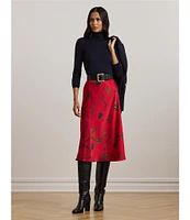 Lauren Ralph Lauren Satin Charmeuse Belting Print Pull-On A-Line Midi Skirt