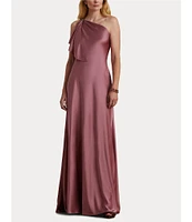 Lauren Ralph Lauren Satin Charmeuse One Shoulder Neck Sleeveless Crystal Embellished Buckle Cascading Ruffle Gown