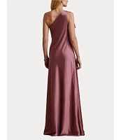 Lauren Ralph Lauren Satin Charmeuse One Shoulder Neck Sleeveless Crystal Embellished Buckle Cascading Ruffle Gown