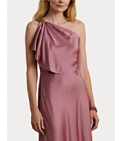 Lauren Ralph Lauren Satin Charmeuse One Shoulder Neck Sleeveless Crystal Embellished Buckle Cascading Ruffle Gown