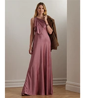 Lauren Ralph Lauren Satin Charmeuse One Shoulder Neck Sleeveless Crystal Embellished Buckle Cascading Ruffle Gown