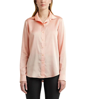 Lauren Ralph Lauren Satin Charmeuse Point Collar Long Sleeve Shirt