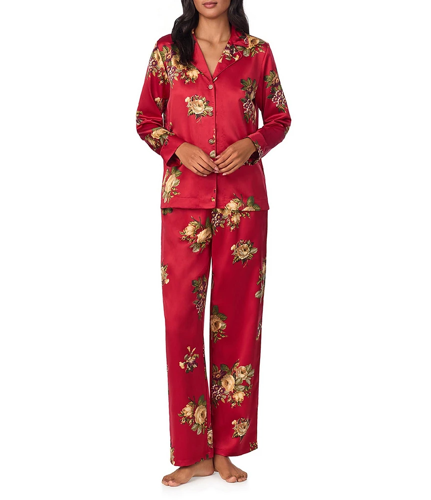 Lauren Ralph Lauren Satin Long Sleeve Notch Collar Long Pant Floral Pajama Set