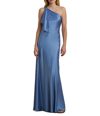 Lauren Ralph Lauren Satin One Shoulder Neck Sleeveless Ruffle Drape Detail Column Gown
