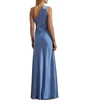 Lauren Ralph Lauren Satin One Shoulder Neck Sleeveless Ruffle Drape Detail Column Gown