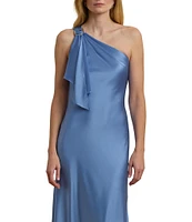 Lauren Ralph Lauren Satin One Shoulder Neck Sleeveless Ruffle Drape Detail Column Gown