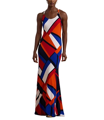 Lauren Ralph Lauren Scoop Neck Jersey Knit Geometric Print Scoop Neck Sleeveless Maxi Dress