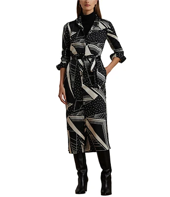 Lauren Ralph Lauren Selam Geometric Band Collar Long Sleeve Belted Button Front Shirtdress