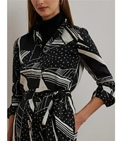 Lauren Ralph Lauren Selam Geometric Band Collar Long Sleeve Belted Button Front Shirtdress