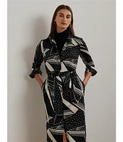 Lauren Ralph Lauren Selam Geometric Band Collar Long Sleeve Belted Button Front Shirtdress