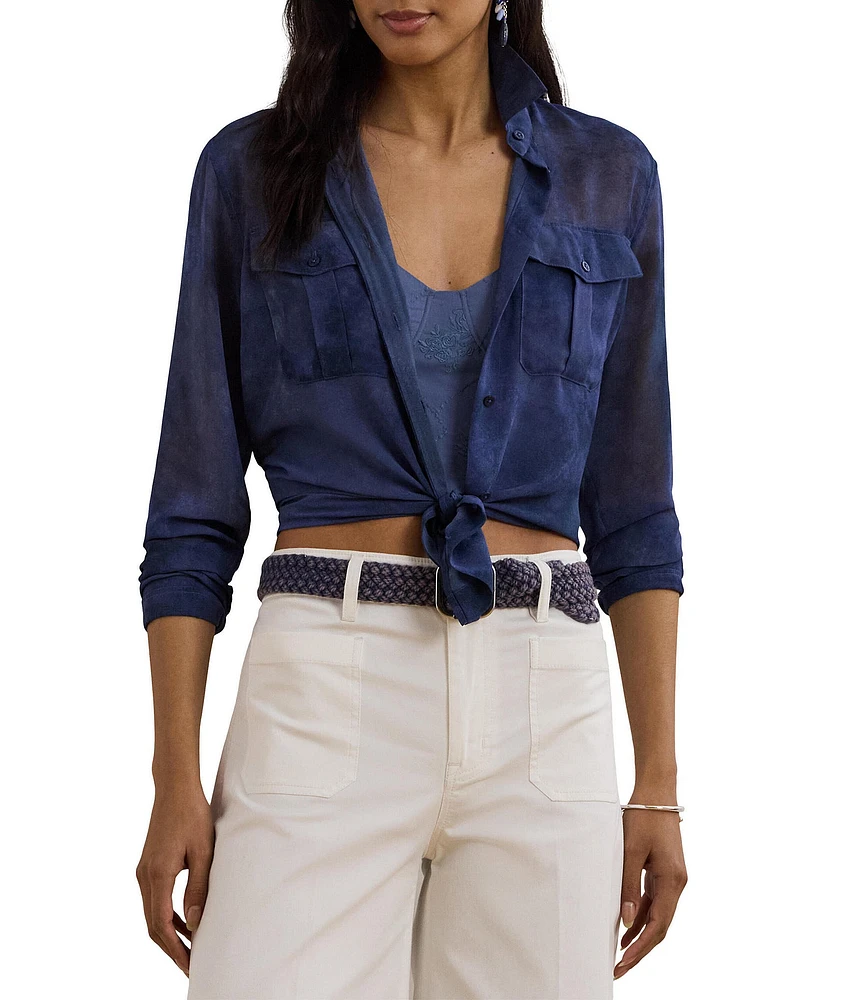Lauren Ralph Lauren Sheer Chiffon Cerulean Print Point Collar Long Sleeve Shirt