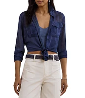 Lauren Ralph Lauren Sheer Chiffon Cerulean Print Point Collar Long Sleeve Shirt