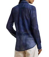 Lauren Ralph Lauren Sheer Chiffon Cerulean Print Point Collar Long Sleeve Shirt
