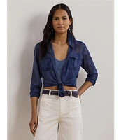 Lauren Ralph Lauren Sheer Chiffon Cerulean Print Point Collar Long Sleeve Shirt