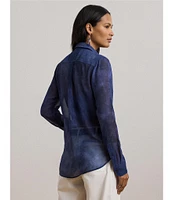 Lauren Ralph Lauren Sheer Chiffon Cerulean Print Point Collar Long Sleeve Shirt