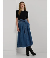 Lauren Ralph Lauren Denim Pleated Belted Midi Skirt