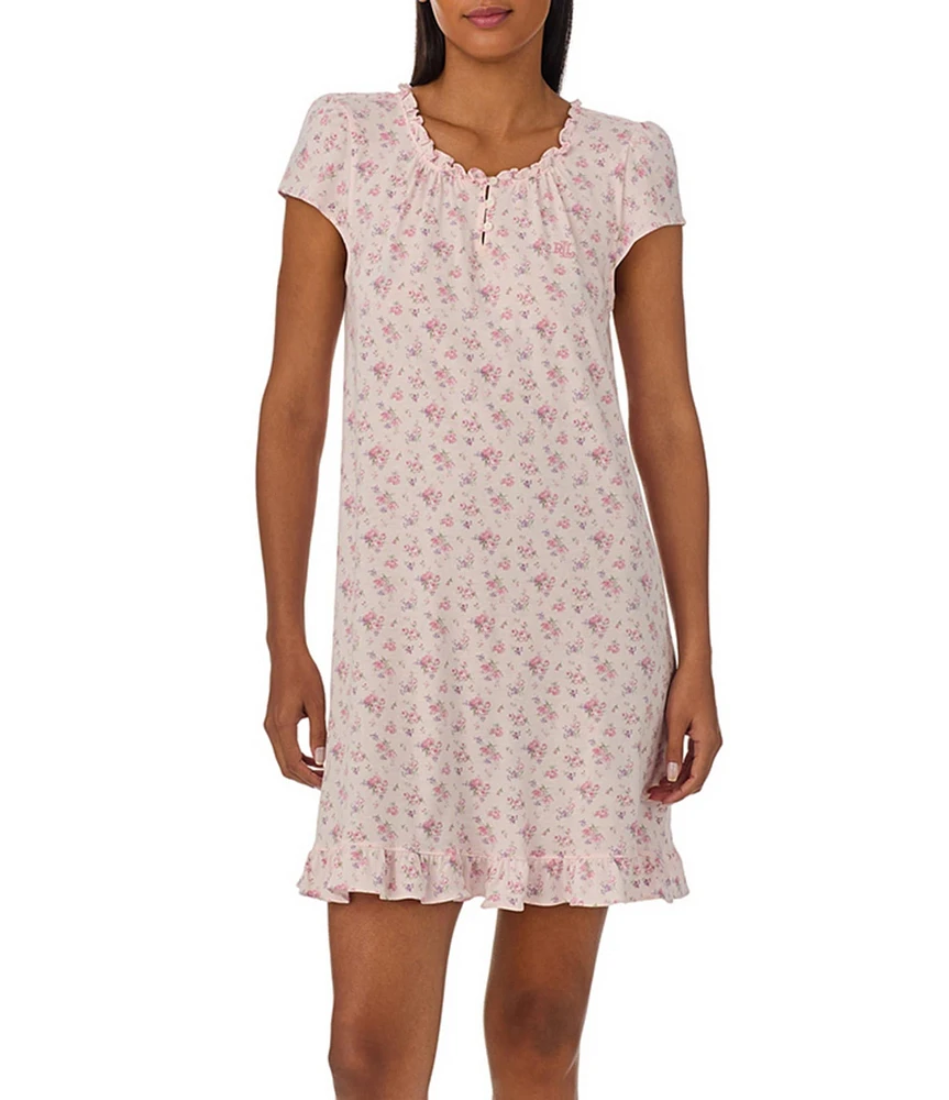 Lauren Ralph Lauren Short Sleeve Ruffle Neck Floral Knit Nightgown