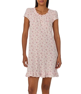 Lauren Ralph Lauren Short Sleeve Ruffle Neck Floral Knit Nightgown