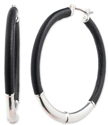 Lauren Ralph Lauren Silver Tone Black Leather Hoop Earrings