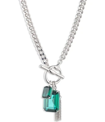 Lauren Ralph Lauren Silver Tone Emerald Stone Toggle Short Pendant Necklace