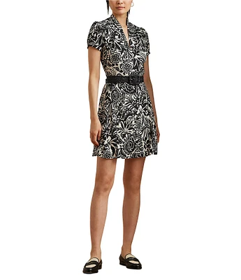Lauren Ralph Lauren Smooth Crepe Embroidered Floral Deep V-Neck Short Sleeve Empire Waist Dress