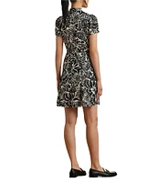 Lauren Ralph Lauren Smooth Crepe Embroidered Floral Deep V-Neck Short Sleeve Empire Waist Dress