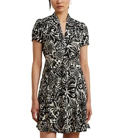 Lauren Ralph Lauren Smooth Crepe Embroidered Floral Deep V-Neck Short Sleeve Empire Waist Dress