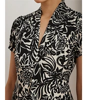 Lauren Ralph Lauren Smooth Crepe Embroidered Floral Deep V-Neck Short Sleeve Empire Waist Dress