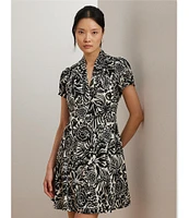 Lauren Ralph Lauren Smooth Crepe Embroidered Floral Deep V-Neck Short Sleeve Empire Waist Dress