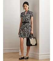 Lauren Ralph Lauren Smooth Crepe Embroidered Floral Deep V-Neck Short Sleeve Empire Waist Dress