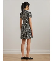 Lauren Ralph Lauren Smooth Crepe Embroidered Floral Deep V-Neck Short Sleeve Empire Waist Dress