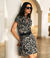 Lauren Ralph Lauren Smooth Crepe Embroidered Floral Deep V-Neck Short Sleeve Empire Waist Dress