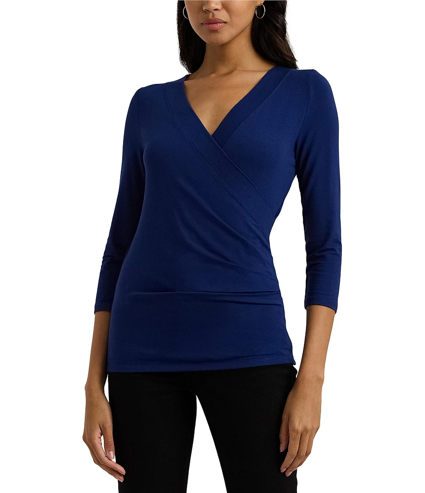 Lauren Ralph Lauren Solid Jersey Knit Surplice V-Neck 3/4 Sleeve Slim Fit Top