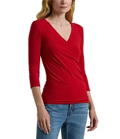 Lauren Ralph Lauren Solid Jersey Knit Surplice V-Neck 3/4 Sleeve Slim Fit Top