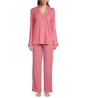 Lauren Ralph Lauren Solid Long Sleeve Notch Collar Long Pant Jersey Knit Pajama Set