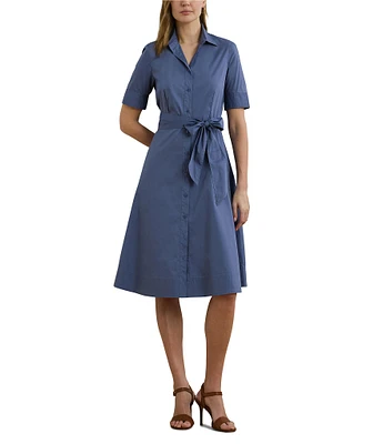 Lauren Ralph Lauren Stretch Cotton Blend Point Collar Elbow Length Sleeve Button Front Shirt Dress