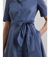Lauren Ralph Lauren Stretch Cotton Blend Point Collar Elbow Length Sleeve Button Front Shirt Dress