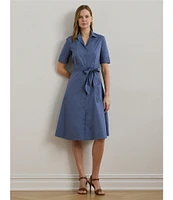 Lauren Ralph Lauren Stretch Cotton Blend Point Collar Elbow Length Sleeve Button Front Shirt Dress