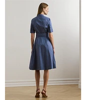Lauren Ralph Lauren Stretch Cotton Blend Point Collar Elbow Length Sleeve Button Front Shirt Dress