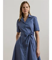 Lauren Ralph Lauren Stretch Cotton Blend Point Collar Elbow Length Sleeve Button Front Shirt Dress
