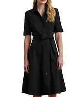 Lauren Ralph Lauren Stretch Cotton Blend Point Collar Elbow Length Sleeve Button Front Shirt Dress