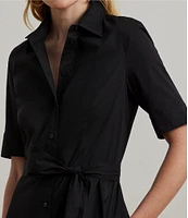 Lauren Ralph Lauren Stretch Cotton Blend Point Collar Elbow Length Sleeve Button Front Shirt Dress