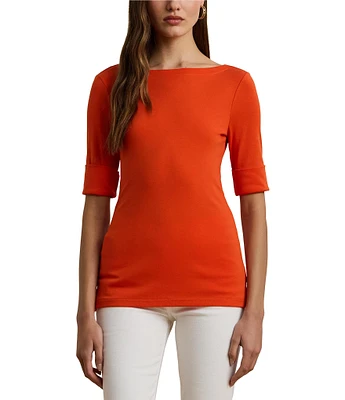 Lauren Ralph Lauren Stretch Cotton Boat Neck Cuffed Elbow Sleeve Top