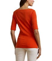 Lauren Ralph Lauren Stretch Cotton Boat Neck Cuffed Elbow Sleeve Top